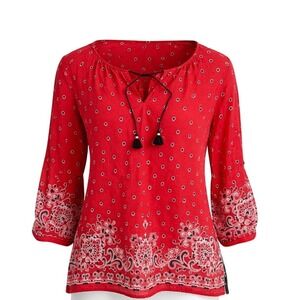 Talbots Petites XLp Red Bandana Paisley Print Cotton Tassel Tie Peasant Blouse